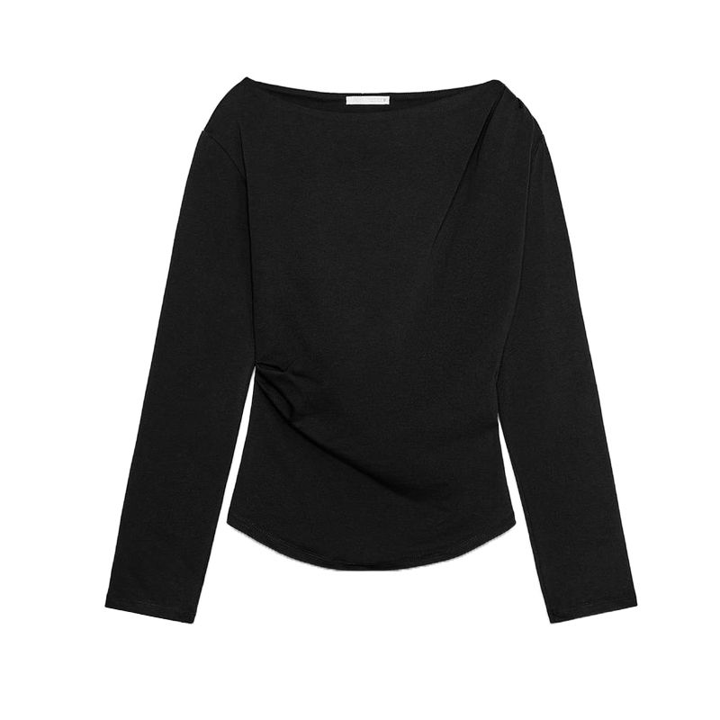 Spring New Women Clothes Gyaru Wind Boat Collar Side Pleat Decorative Long Sleeves Shirt Bottoming Shirt 1198160