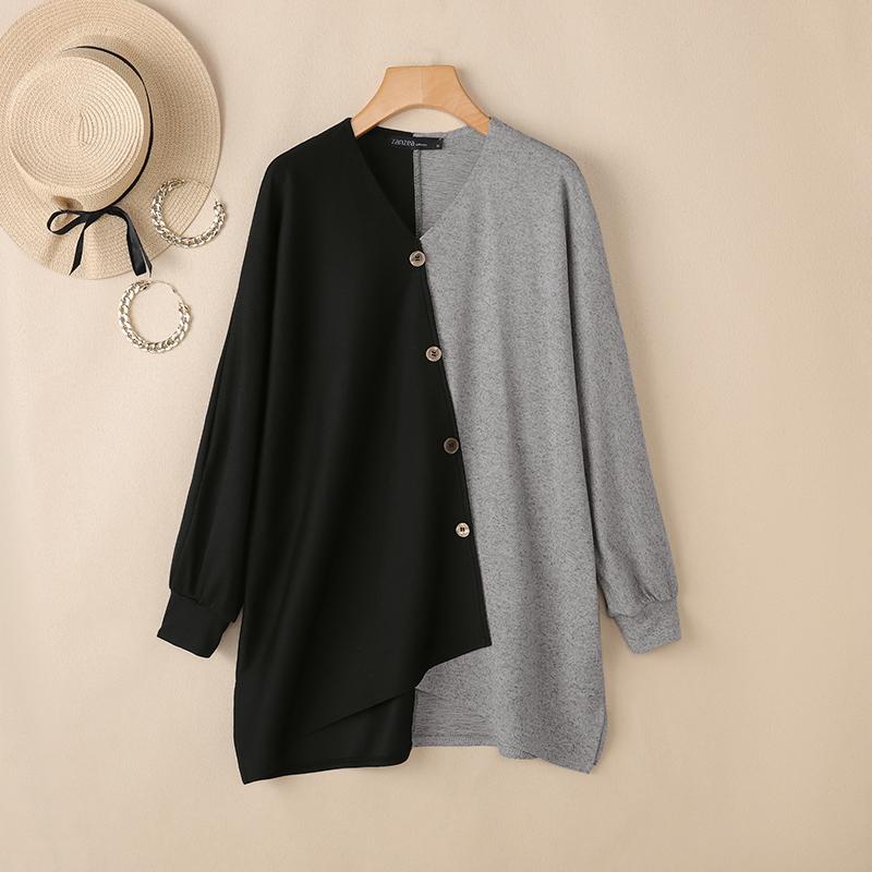 

ZANZEA Женская повседневная блузка с V-образным вырезом, длинным рукавом, свободного кроя, пэчворк S светло-серый