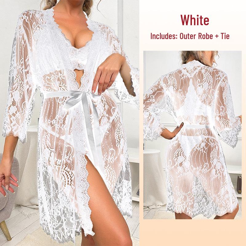 Sexy síťkovaná krajková lemovaná průsvitná noční košile župan - Dámské domácí oblečení