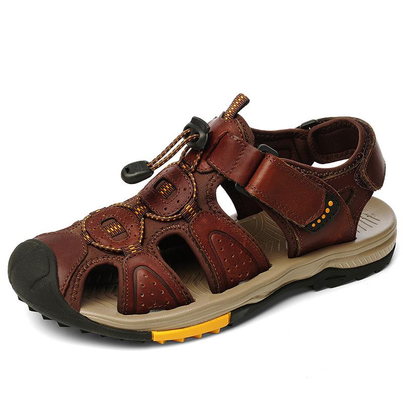 Fashion Summer Men's Top Layer Cowhide Bag-Toe Casual Outdoor Beach Sandals Comfortable Velcro Non-Slip Breathable Zapatillas Hombre
