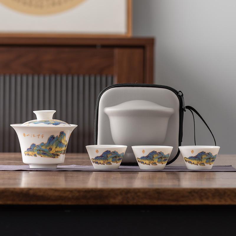 Travel Tea Set Cover Bowl Teacup Portable Express Cup Outdoor Kung Fu Tea Set Suet Jade White Porcelain Companion Gift