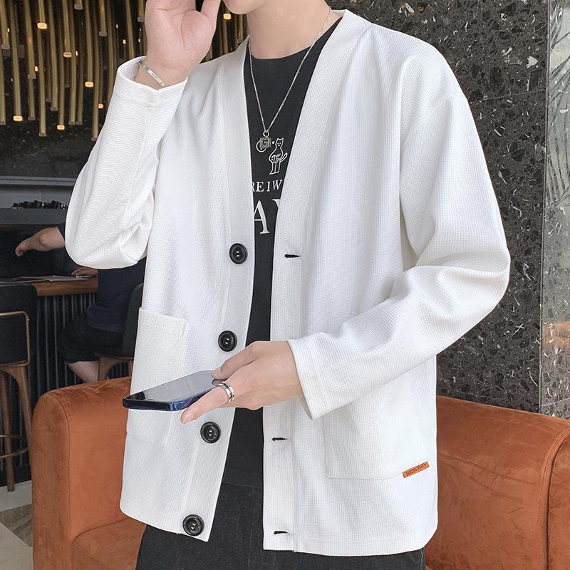 

2025 Men s Trendy Waffle Knit Cardigan Sweatshirt: Versatile Long Sleeve Casual Jacket 4XL белый