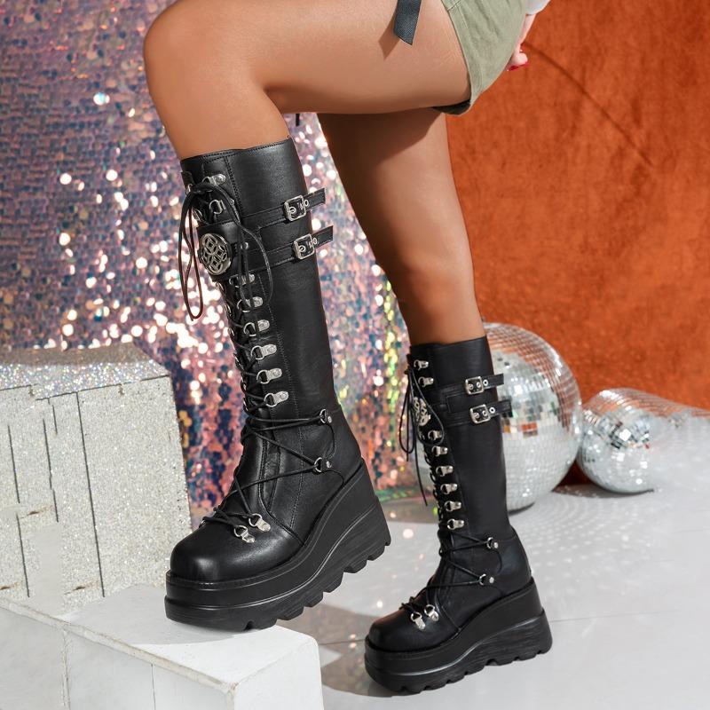 Fashion Ultra-high Platform Single Boots Women's Autumn and Winter New Round Toe Lace-up Metal Buckle Platform High Boots