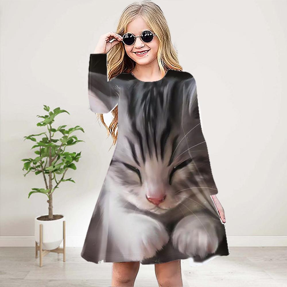 

Повседневное платье для девочек с 3D-принтом и милым оранжевым котом, круглым вырезом и длинными рукавами, детское платье принцессы 180 серый