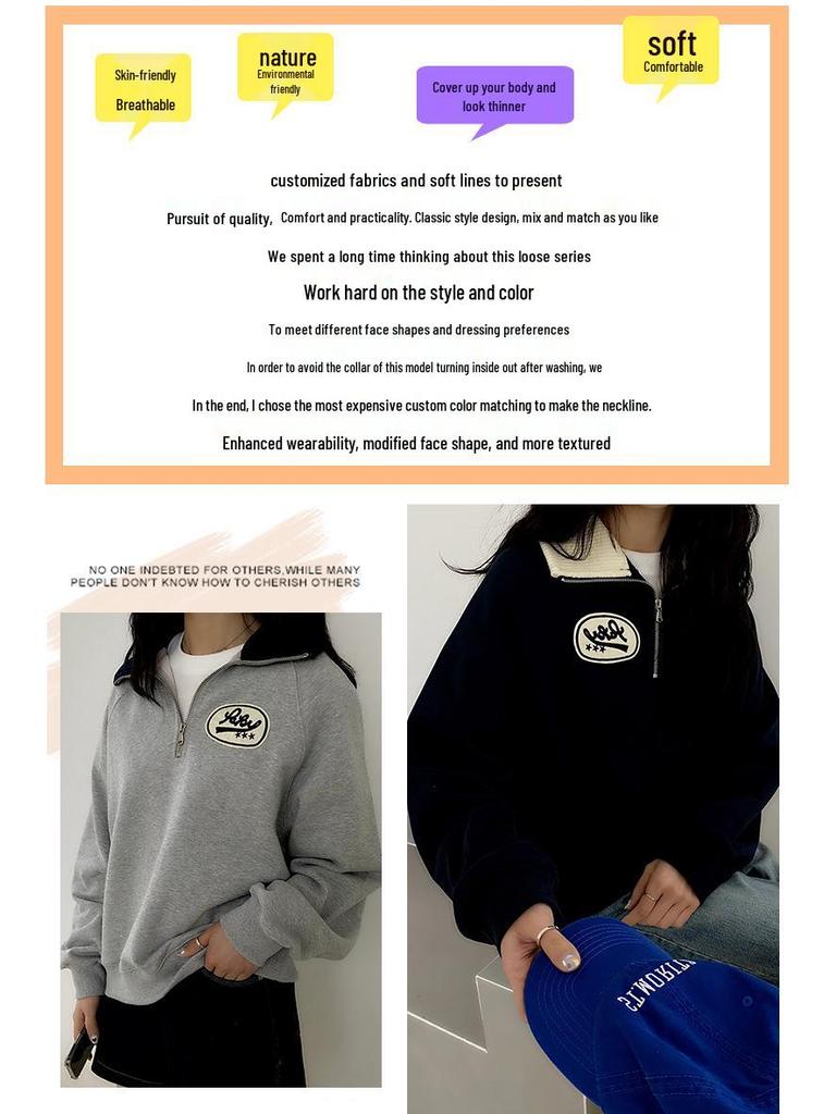 Women's Retro Half-Zip Polo Sweatshirt - Petite, Loose Fit, Korean Style, Spring/Autumn 2025