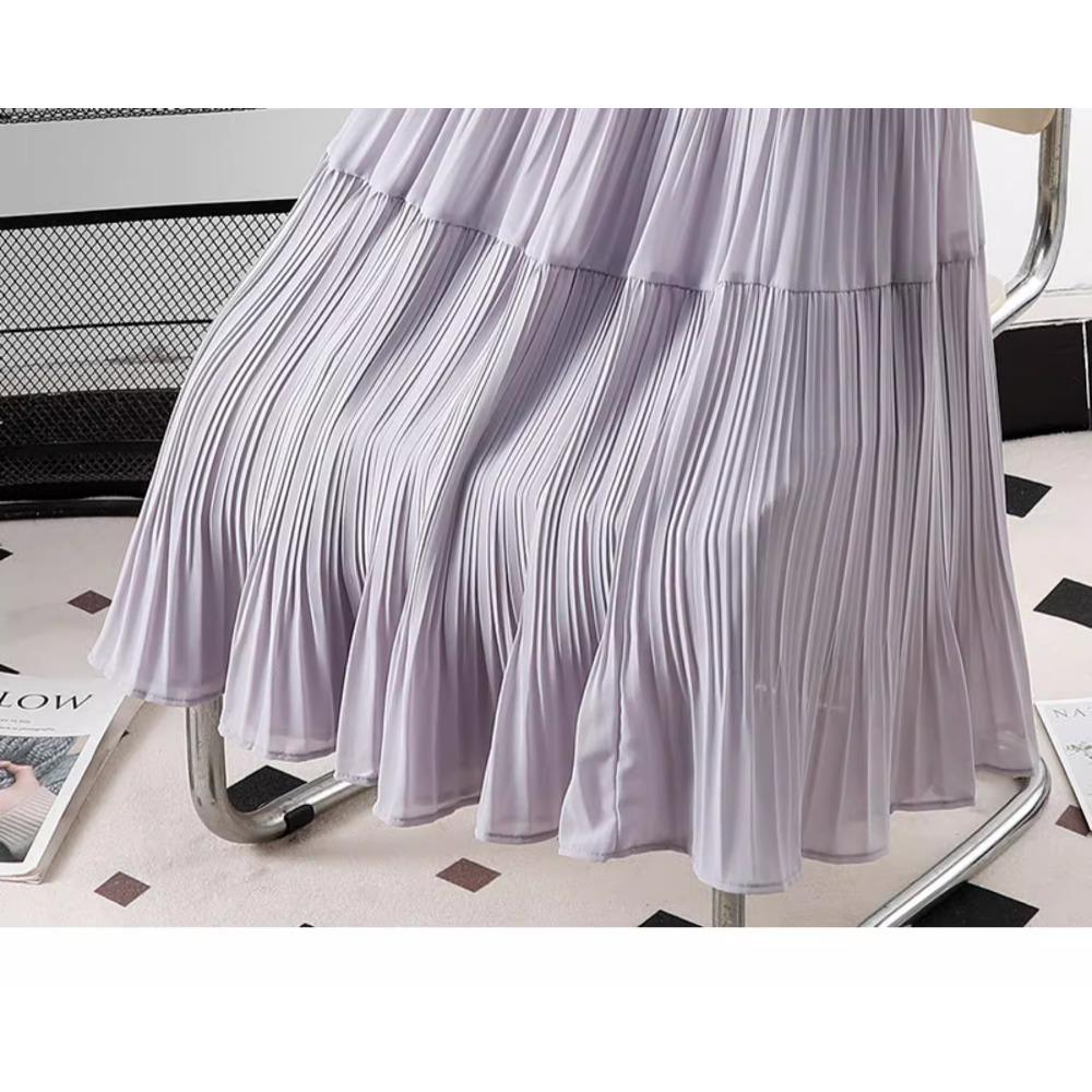 DIMANAF 2026 Summer Women New Skirts Chiffon Solid Elastic Waist Pleated Mesh Elegant Skirts