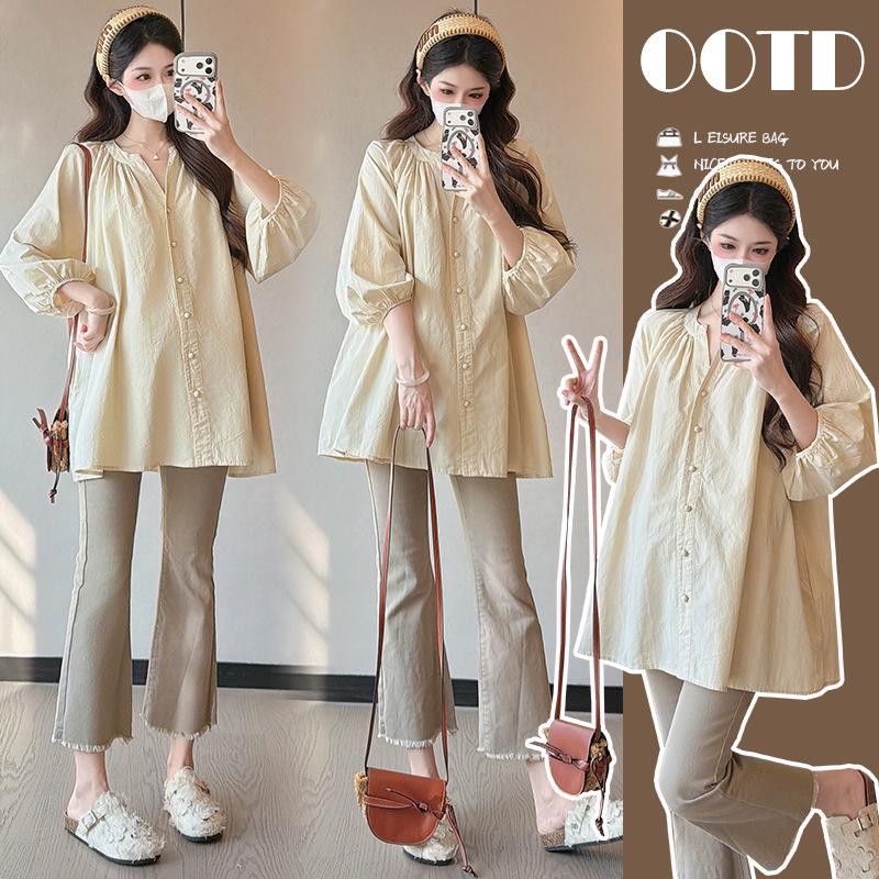 2026 Spring Korean V-Neck Jacquard Maternity Blouse XL