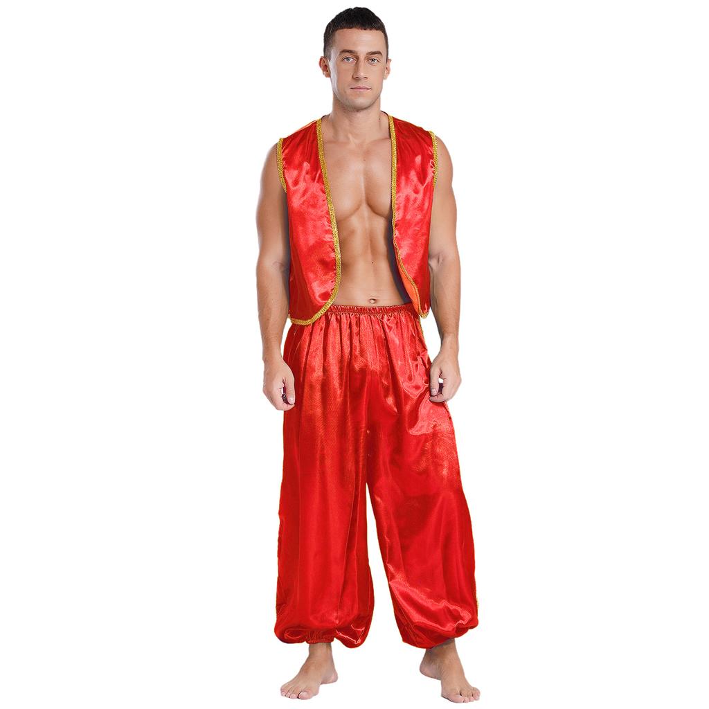 Herren Arabischer Prinz Kostüm Goldene Borte Satinweste und Hose mit Gummizug Märchen Cosplay Set