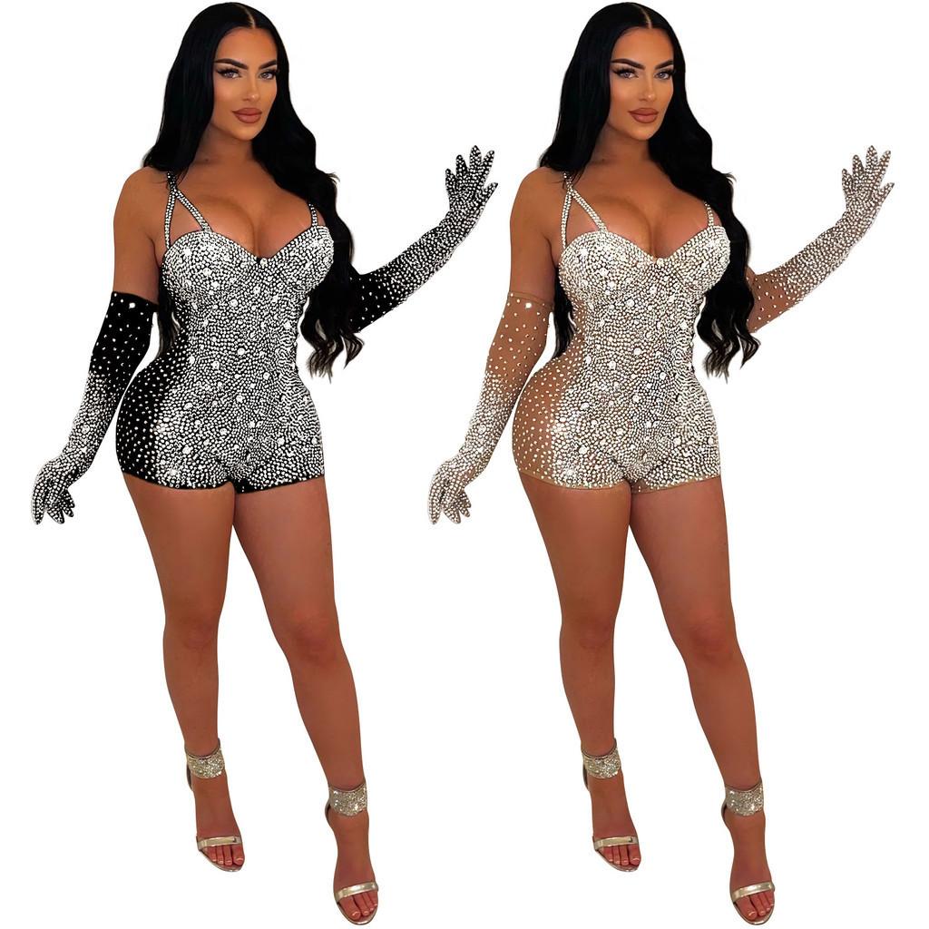 

Модный женский элегантный короткий комбинезон без рукавов со стразами и перчатками невесты, подружек невесты, свадебные вечерние комбинезоны