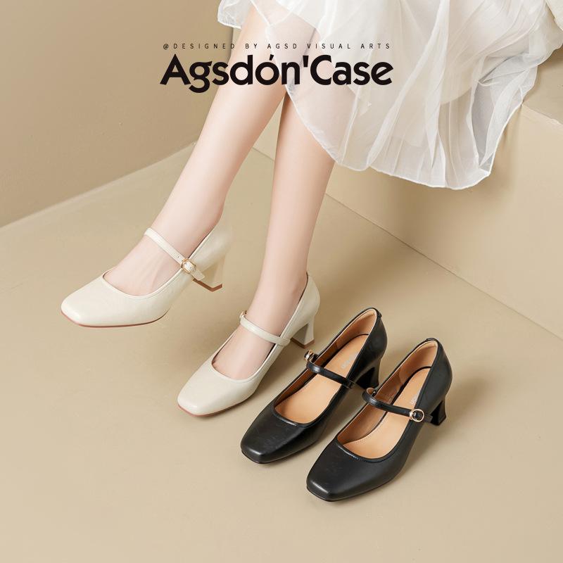 Augustine high-heeled single shoes women's 2025 new spring and summer French thick heel beige light mouth Mary Jane shoes with skirt