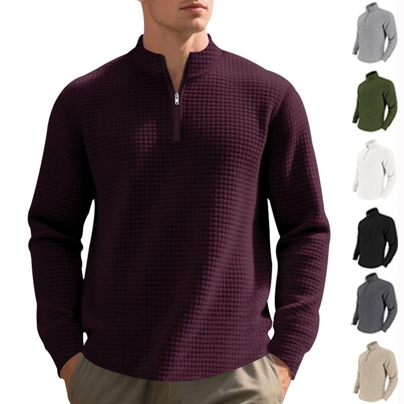 Men's Fashion Quarter Zip Small Plaid Sweatshirt, Stand Collar Long Sleeve Pullover for Spring Fall