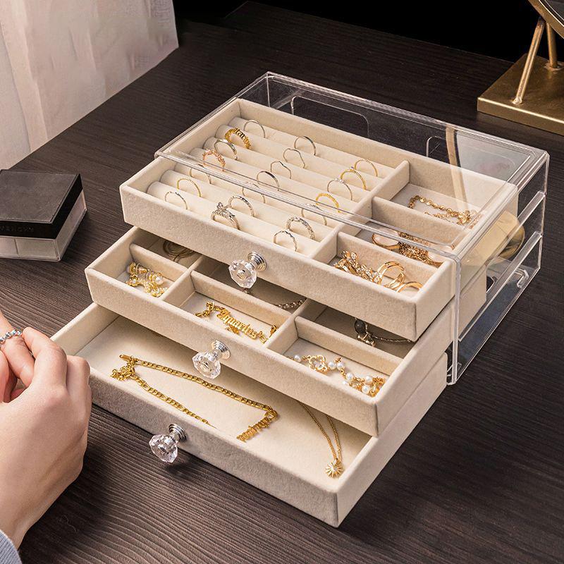 Velvet Jewelry Organizer With 3 Drawers Stackable Display Storage Earrings Necklace Bracelets Box