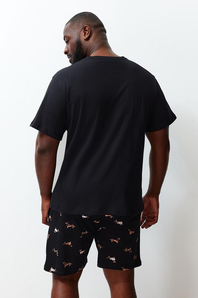 Herrenstil Übergröße Schwarz Bedruckter Übergröße Pyjama-Set mit Strickshorts