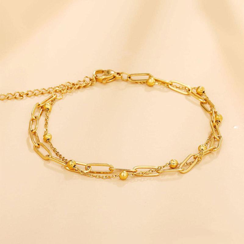 Hot-selling 4mm imitation pearl chain metal square bracelet 2-piece set women's double-layer simple hand jewelry