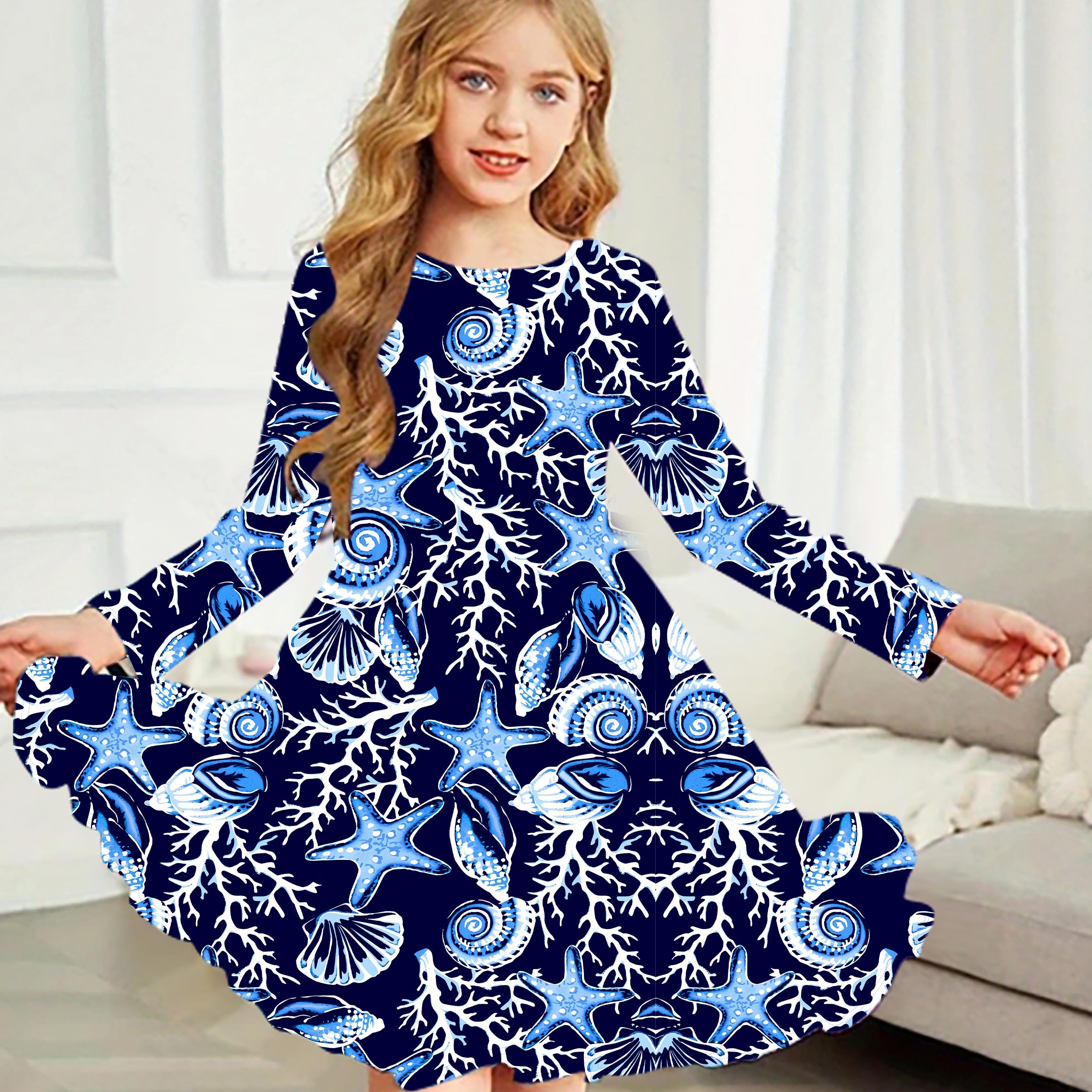 

Повседневное платье для девочек с круглым вырезом и длинными рукавами, детское платье принцессы 130 темно-синий