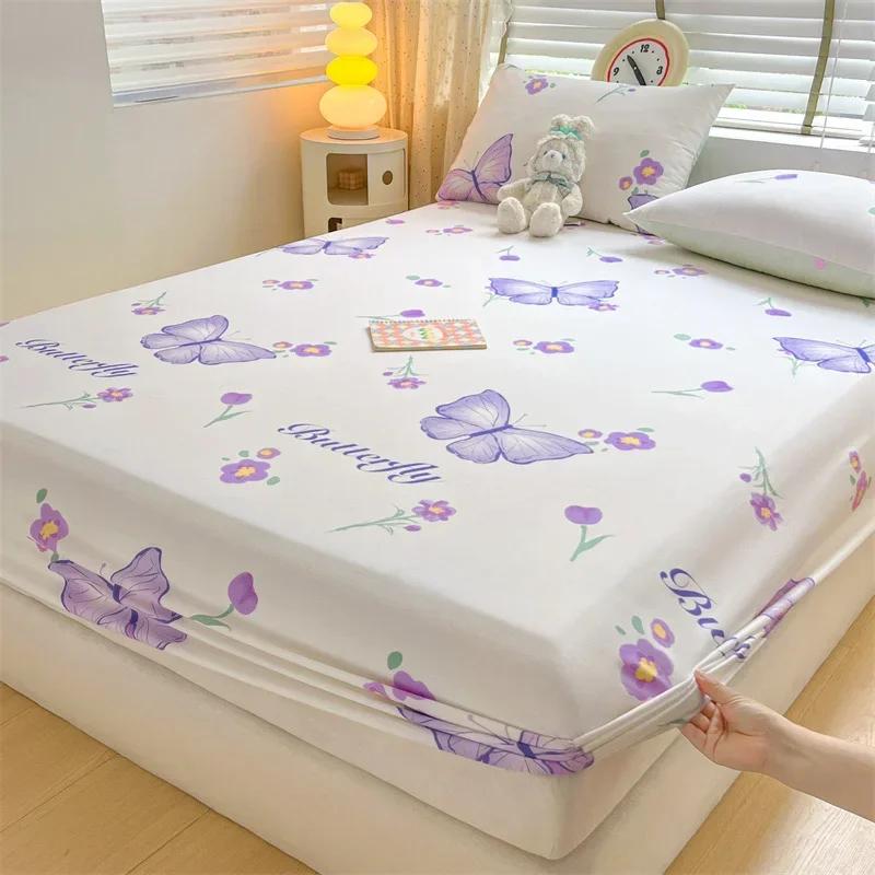 Kawaii Bear and Rabbits Printed Fitted Sheet Set Pure Cotton Cartoon Animals Mattress Cover for Kids Boys Girls Bedroom Decor