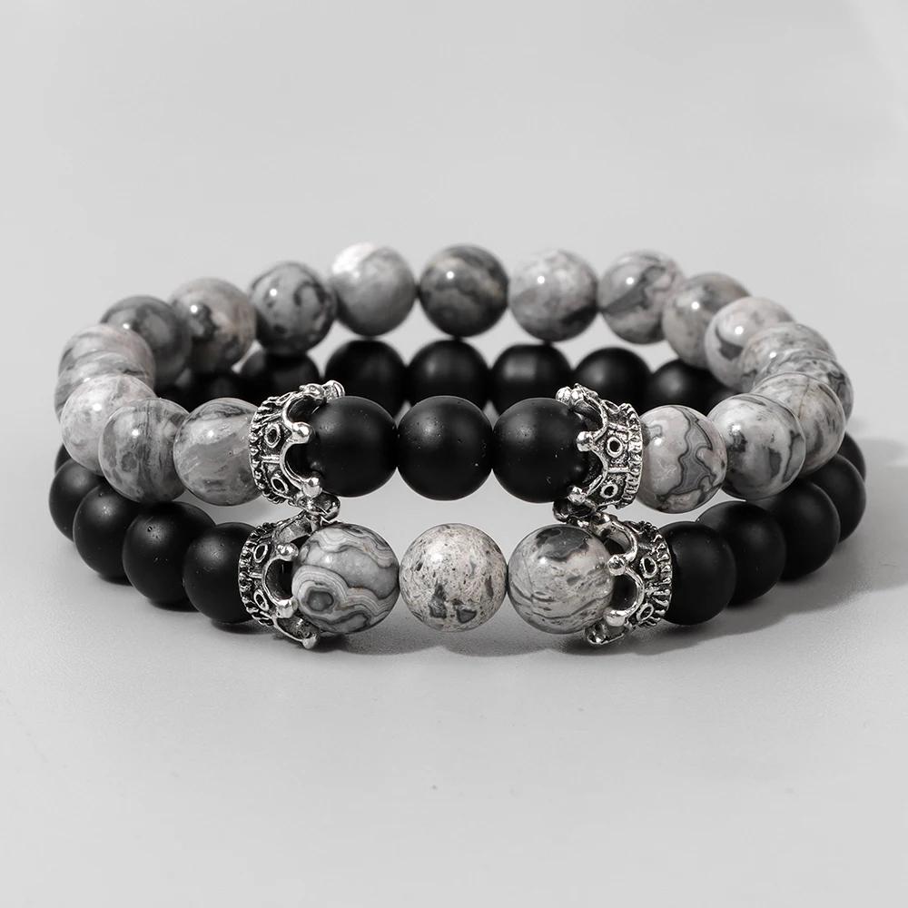 2Pcs/Set Natural Map Stone Beads Bracelet Fine Crown Charm Bracelets Balance Quartz Elastic Wrist Jewelry for Men Women 8mm