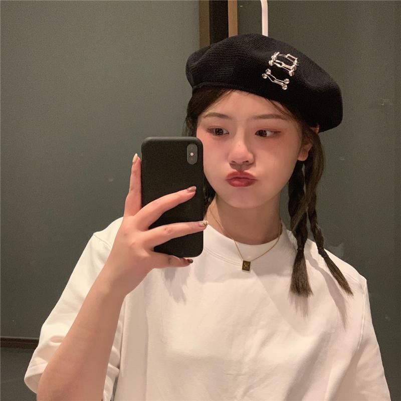 Retro Fashion Cotton and Linen Nail Buckle Beret Children Spring and Summer New Versatile Black Painter Hat Tide