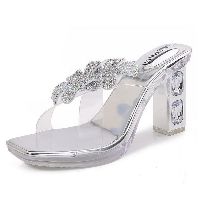 

Women Rhinestone Butterfly High Thick Heel Slide Sandals Office Nightclub Party Pub Wedding OL Transparent Crystal Heel Sandals 43 срібний