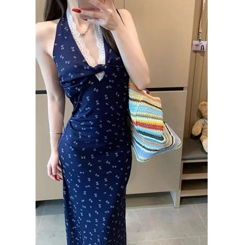 Wind V-neck lace floral neck halter dress women's summer slim temperament waist a word hip wrap skirt