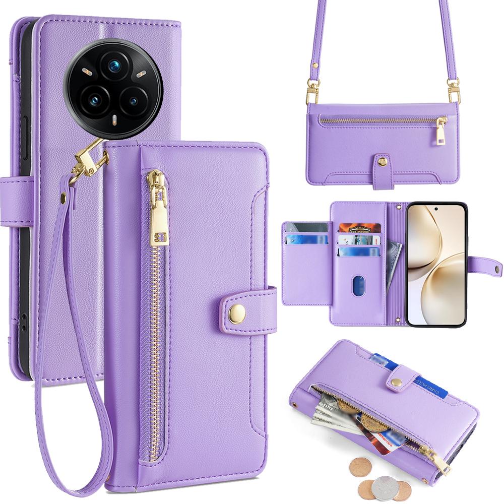 

For Realme 14 Pro+ 5G Case Zipper Pocket Wallet Leather Phone Cover with 2 Straps Purple