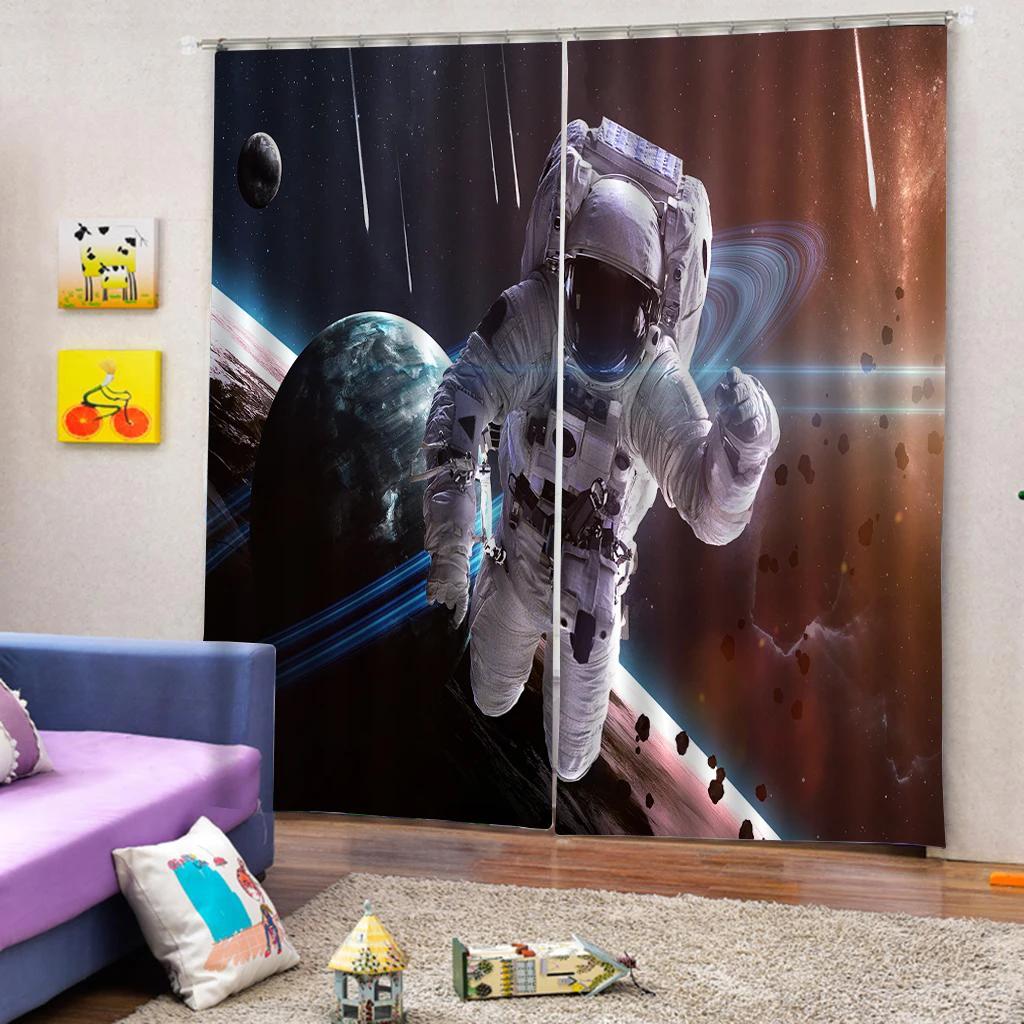 Spaceman Astronaut 3D Printed Thin Curtain for Boys and Girls, Space Galaxy, Cosmonaut, Children's Bedroom Window Curtain