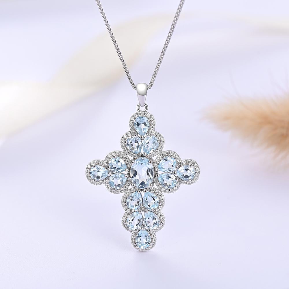 S925 Silver Pendant Necklace,cross Deisgn with Natural Real Gemstone Sky Blue Topaz Fine Jewelry Elegant and Noble Female Gift
