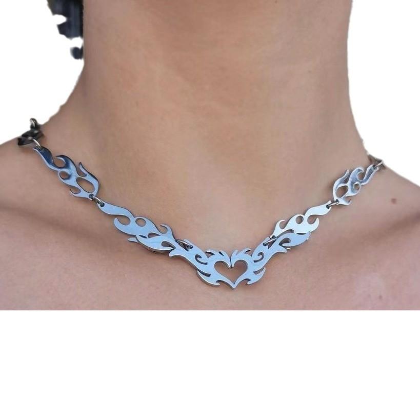 Punk Heart Shaped Necklace With Flame Chain For Women Fashion Jewelry