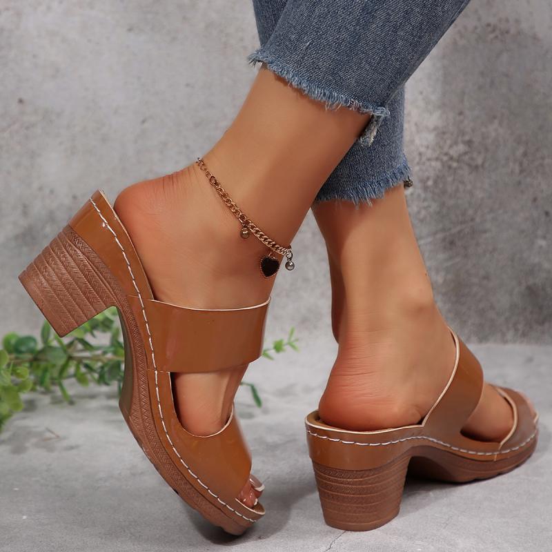 Classic Peep Toe Sandals Women 2025 Summer Elegant Round Toe Slip On High Heels Slippers Women Solid Brown Anti Slip Shoes Women