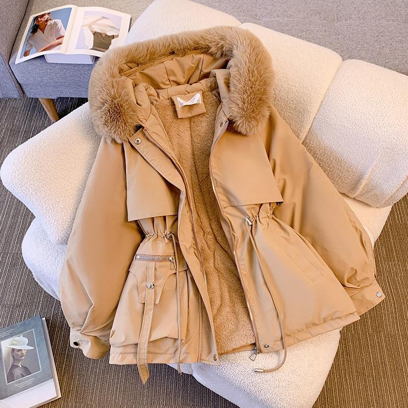 Parke Women's Winter Clothes New Style Slimming Women's Down Cotton Jacket Fashionable and Versatile Plus Velvet Fur Integrated Cotton Jacket
