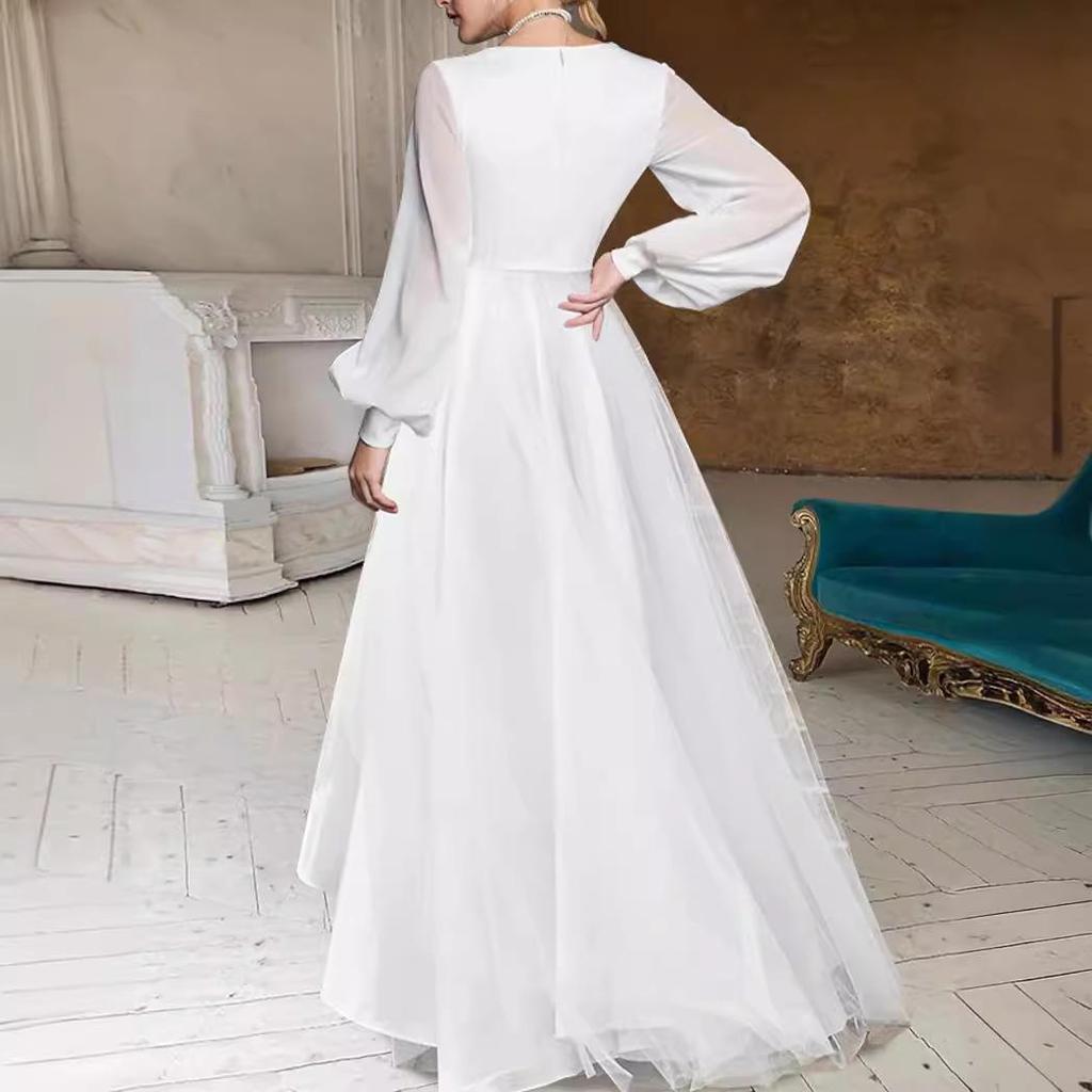 Elegantes europäisches und amerikanisches V-Ausschnitt Einfarbig Taillenbetont Slim Fit Langarmkleid für Damen