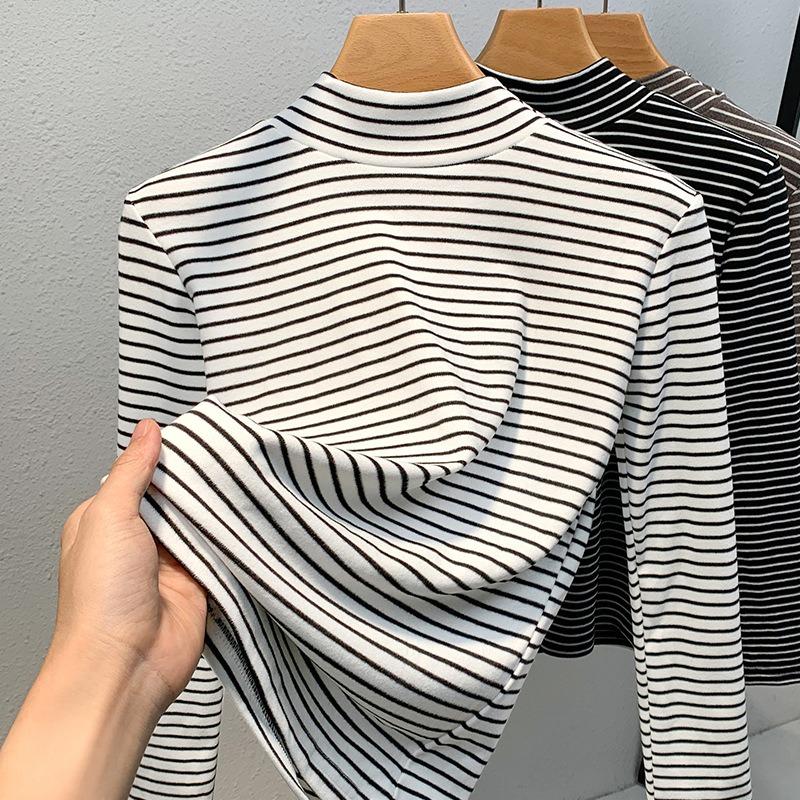 Semi-turtleneck Bottoming Shirt Women's New Women's Clothing Contrasting Colors Striped Polished T-shirt Warm Inside with Waist Top