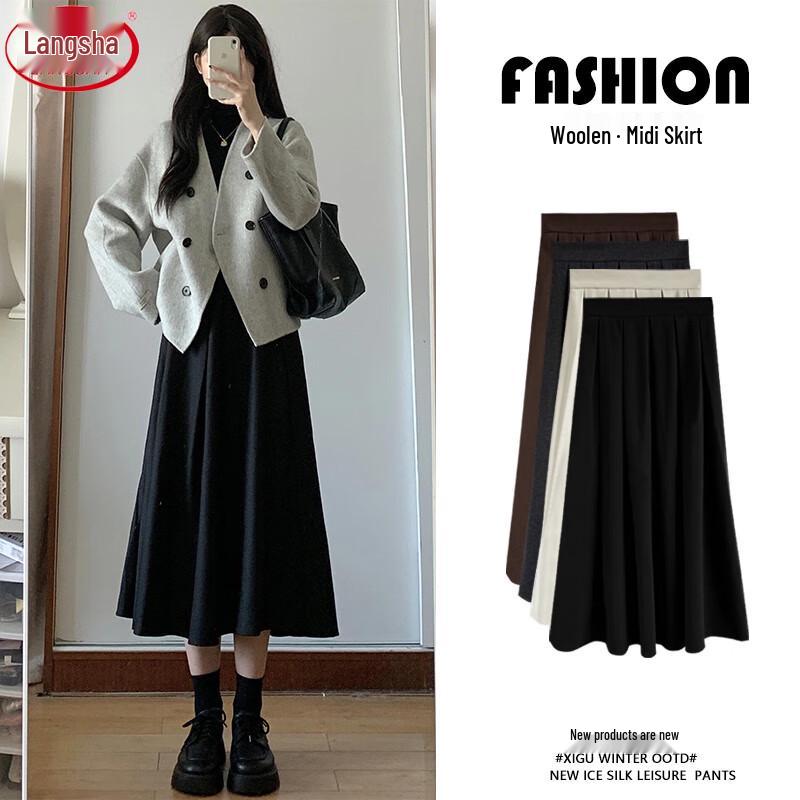Women's High-Waist A-Line Pleated Tweed Midi Skirt