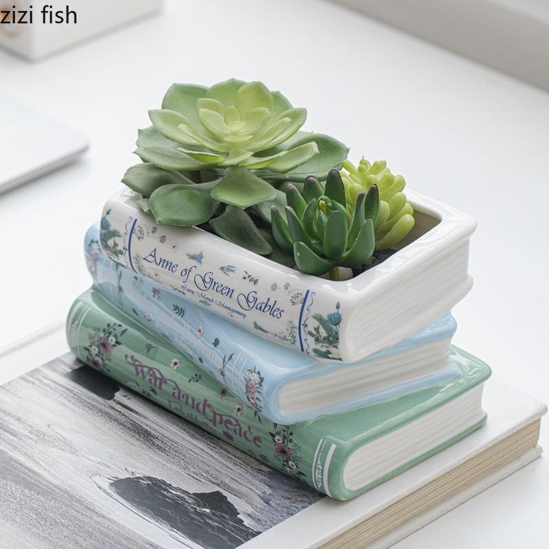 Book Shaped Succulent Pot Ceramic Flower Pot Ornament Desktop Plant Pots Decorative Flowerpot Gardening Supplies Gardening Pots