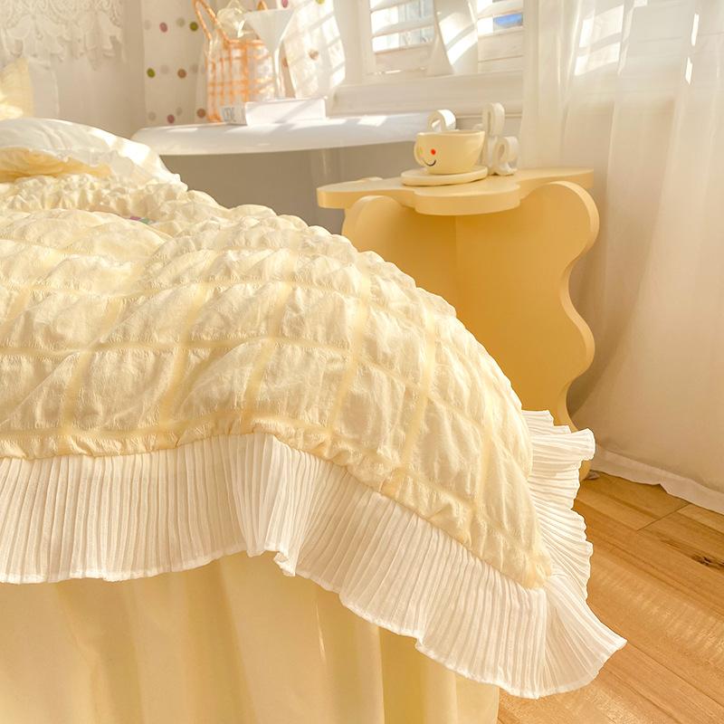 Kawaii Princess Seersucker Bedding Set For Girls Washed Cotton Korean Style Luxury Ruffle Lace Quilt Cover Queen Size Bed Skirt