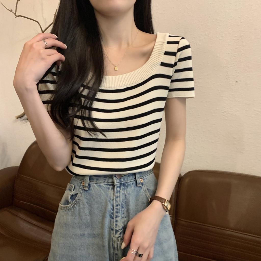 Summer New Temperament Square Neck Striped Versatile Knitted Sweater Short-sleeved T-shirt Top Women