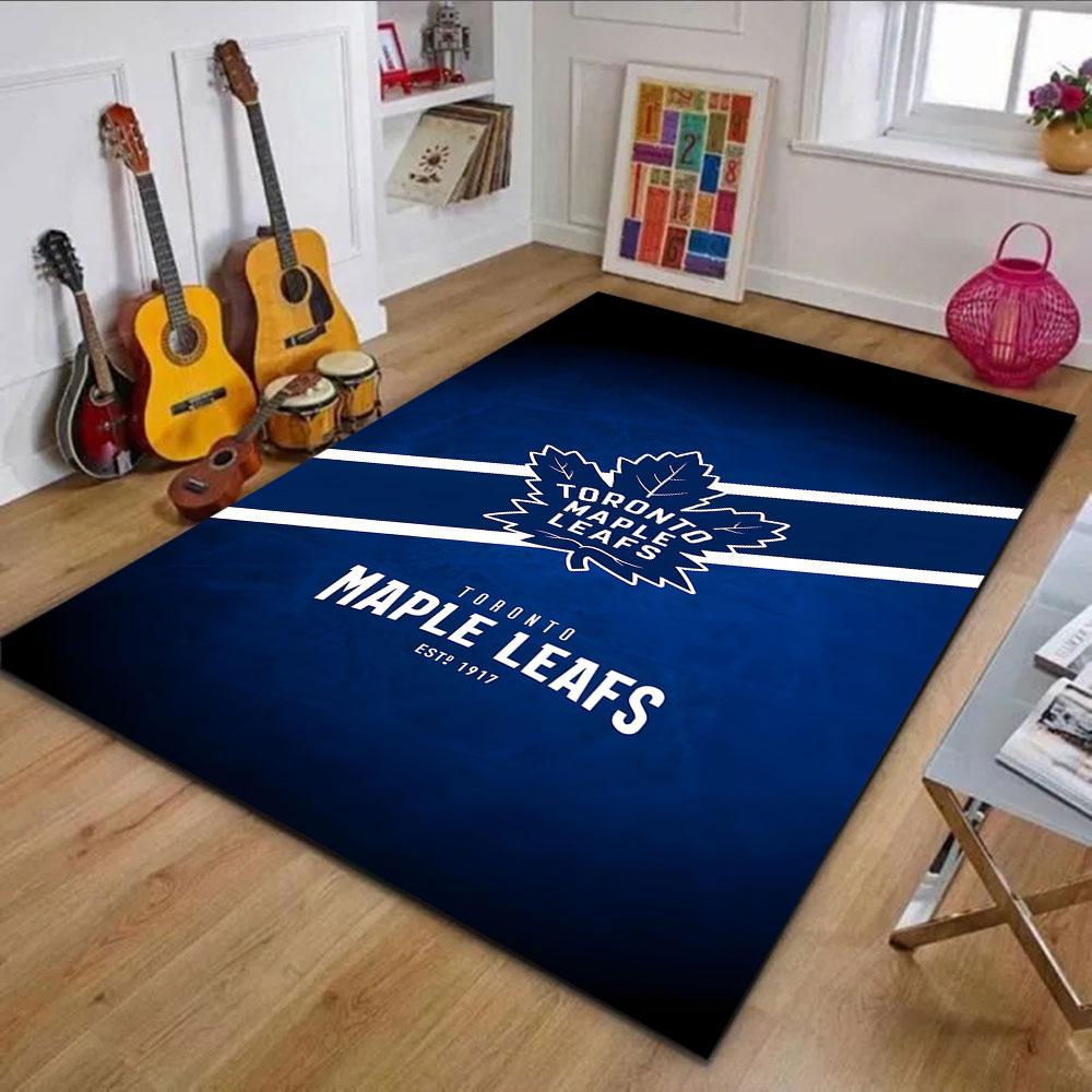 "Tappeto Fantasia Logo Toronto Maple Leafs su Sfondo Blu, Tappetino Antiscivolo Adatto per Divani del Soggiorno e della Camera da Letto"