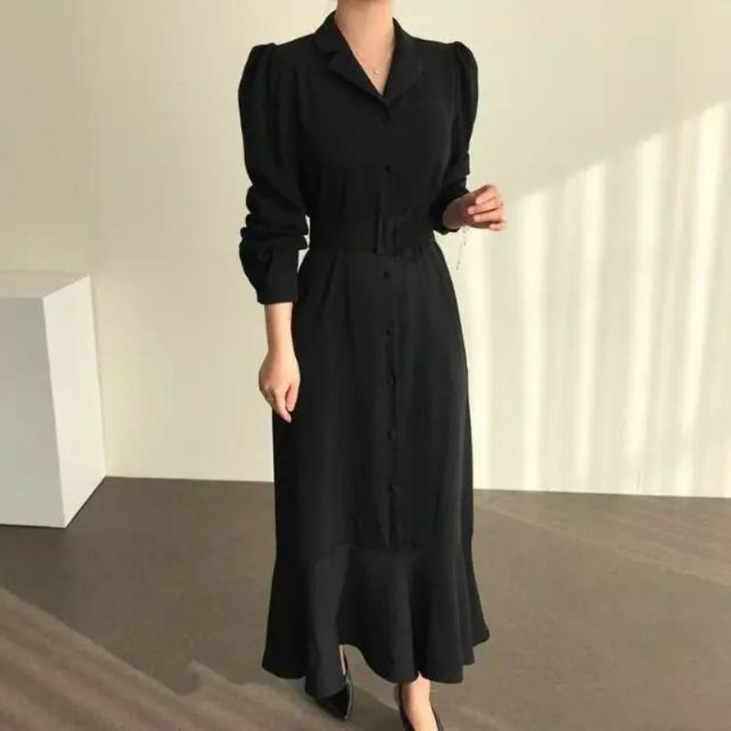 Long Suit Collar Dress Gift Belt Slimming Up The Waist Temperament Long Sleeved Fishtail Long Skirt Commute Spring Autumn