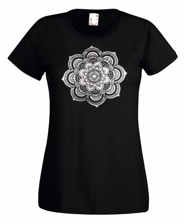 Ladies Black 3d Silver Magic Unisexdala Floral Spiritual Pattern TShirt 2XL