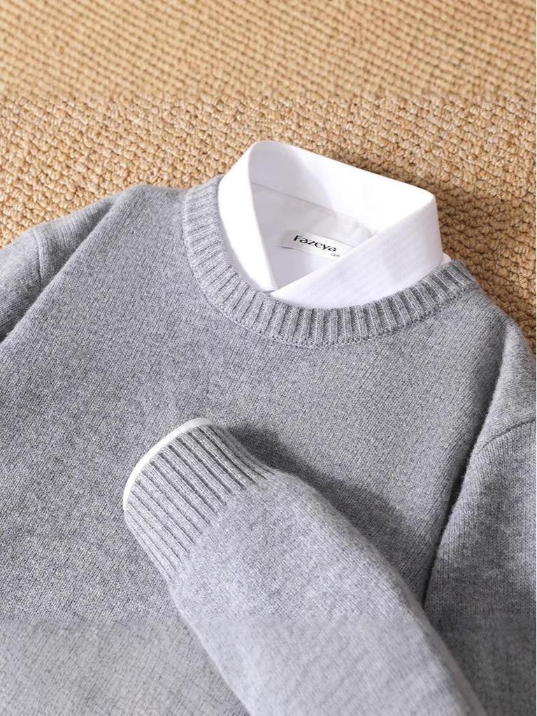 Men's Pure Wool Thickened Winter Pullover - Color Block Round Neck Cashmere Sweater
