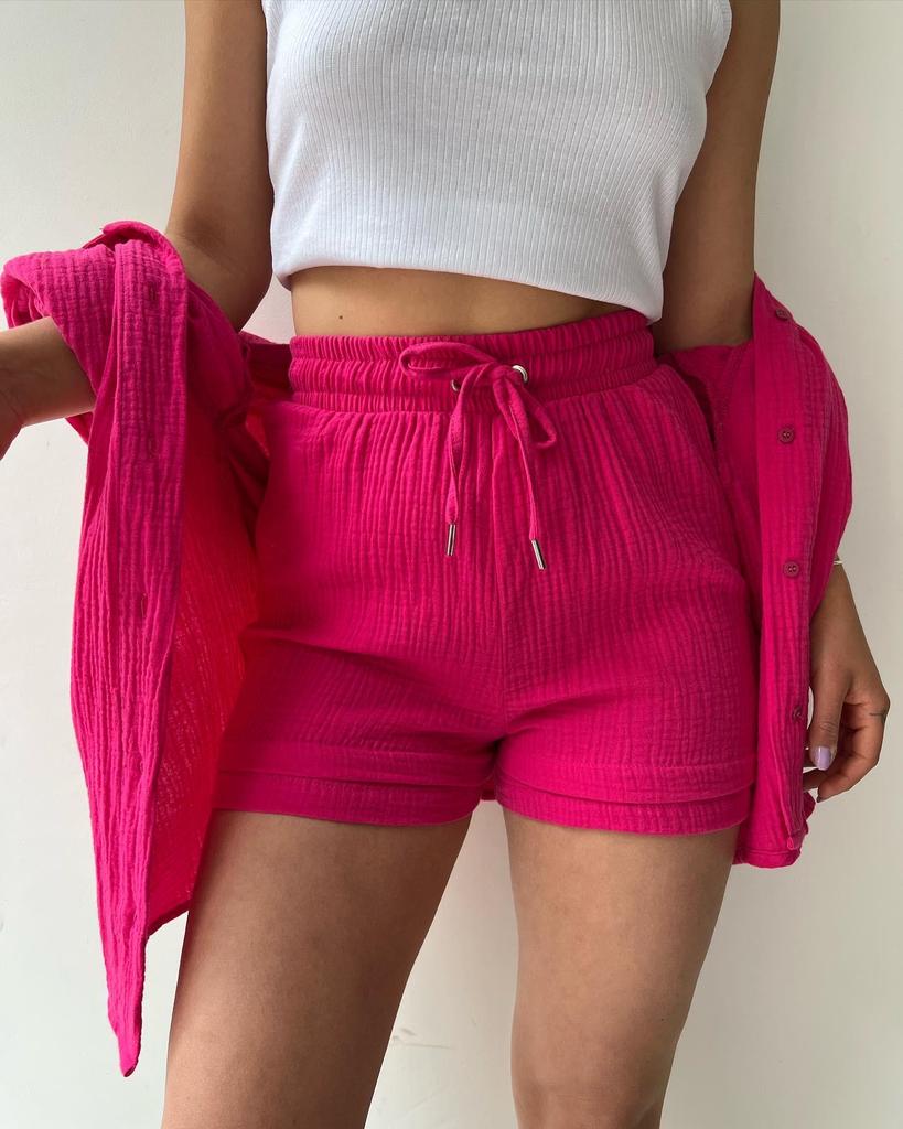 2024 Autumn Women's Two-Piece Set: Wrinkled Long Sleeve Shirt & High Waist Drawstring Shorts