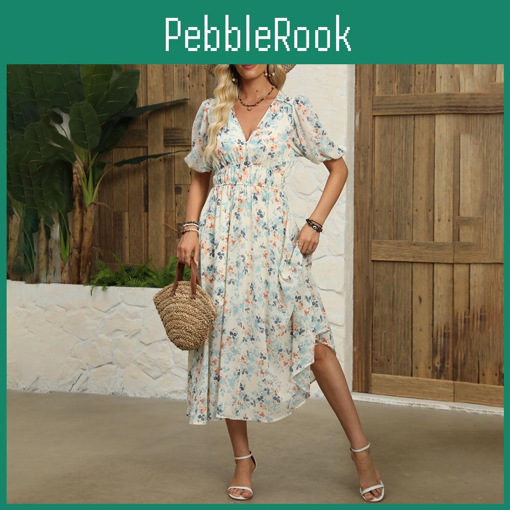 Women High Summer Wrapped Waist V Neck Short Sleeve Floral Dresses