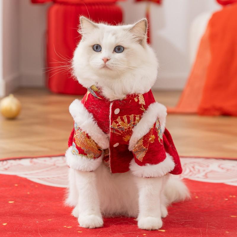 Chinese Style Cat Winter Coat Cotton Chenille Dress Small To Large Cats Festive Holiday Outfit