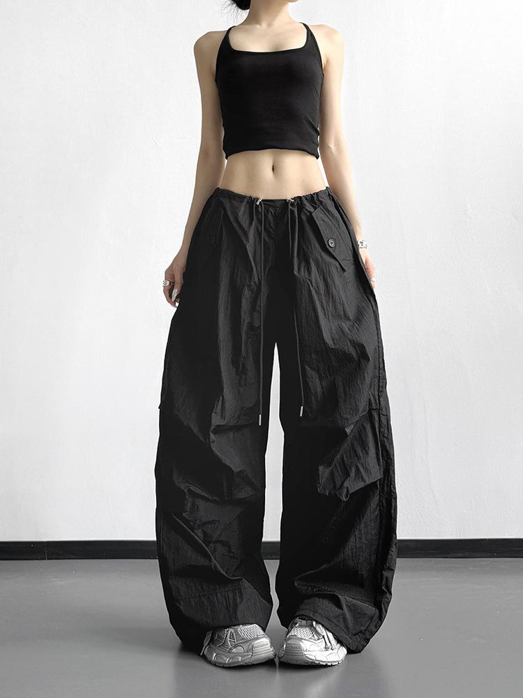 Women's Black Wide-Leg Paratrooper Pants - 2026 Spring Casual Outdoor Fashion