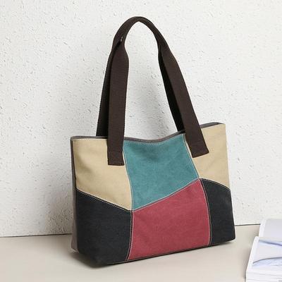 Nova Bolsa de Ombro Feminina de Lona Costurada Bolsa Mensageiro Portátil de Grande Capacidade Estilo Étnico Casual Bolsa de Cor Contrastante AVE