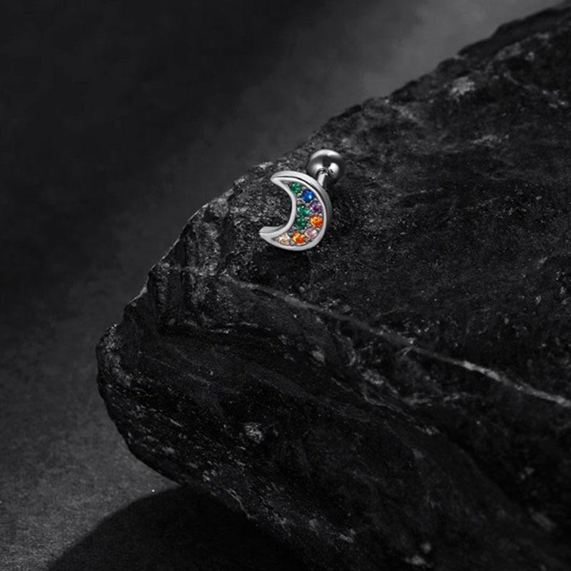 Men Moon Stud Earrings Rainbow Zirconia Crescent Moon Barbell Huggie Ear Piercing Jewelry