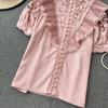 Women's Stand-up Collar Spring Embroidery Shirt Hollow Ruffled Lace Shirt Short-sleeved Solid Colour Ageing Splicing Shirt
