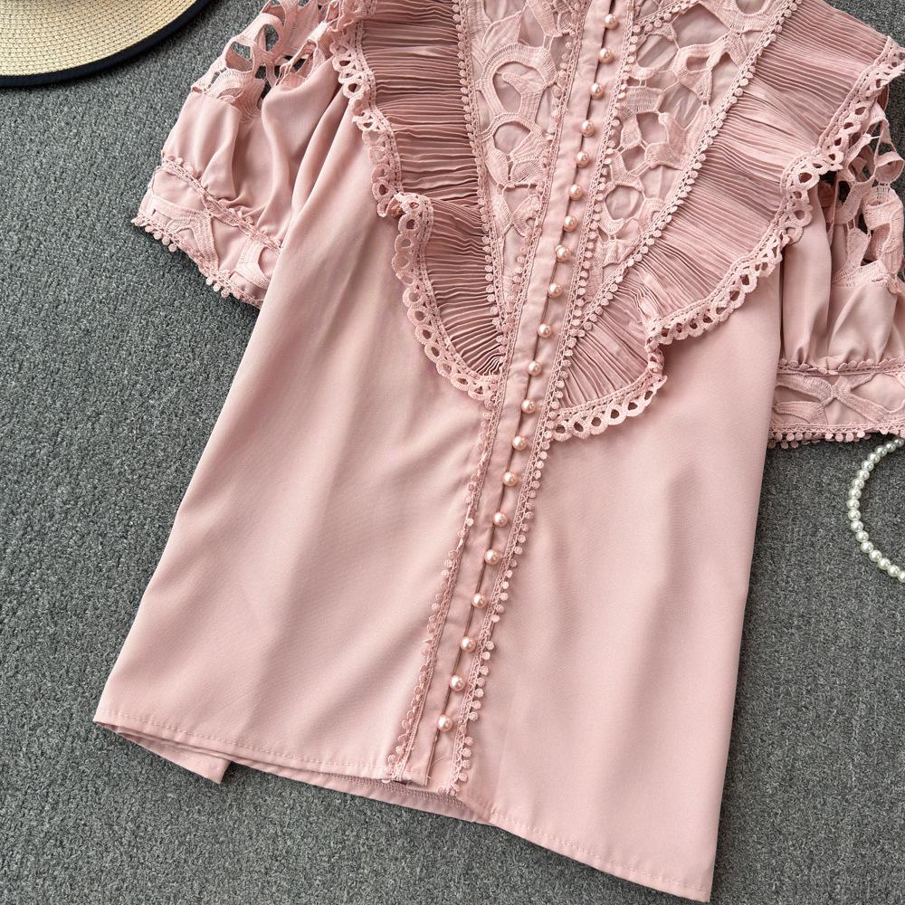 Women's Stand-up Collar Spring Embroidery Shirt Hollow Ruffled Lace Shirt Short-sleeved Solid Colour Ageing Splicing Shirt