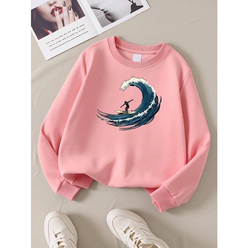 Kids Sweatshirt Crewneck Sweatshirt Surfer Riding Enormous Wave Pattern Print Machine Washable, Spring And Autumn