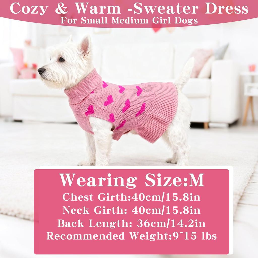 Small Dog Sweater Dress Heart Puppy Sweater Dog Knitted Clothes with Leash Hole Turtleneck Pullover Warm
